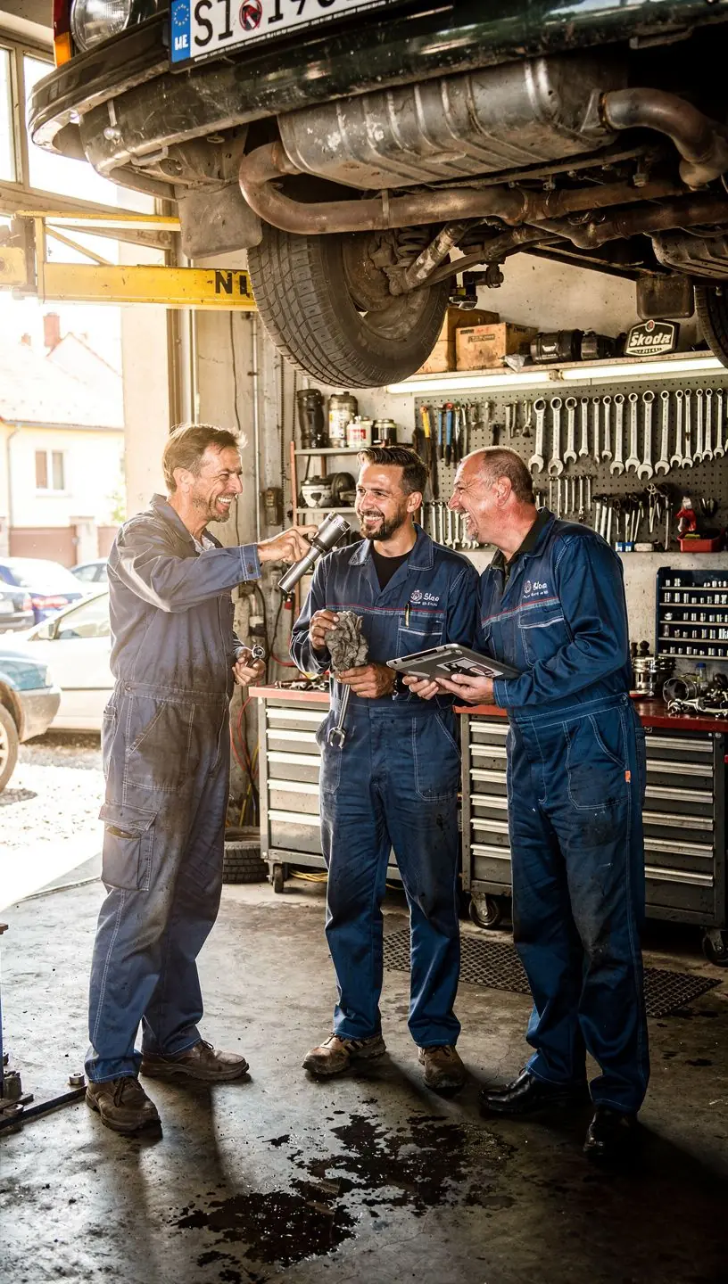 Mechanik kontrolujúci motor staršieho vozidla v špecializovanej autoservise so širokým výberom dostupných náhradných dielov.
